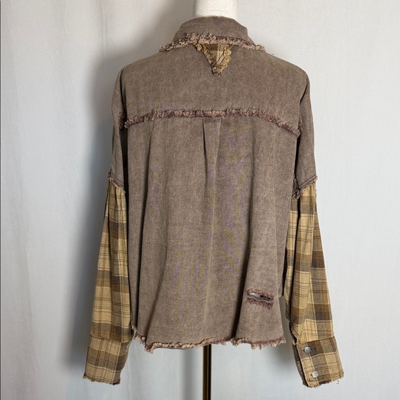 POL Plaid Patchwork Button-Up Jacket Size S Oversized Boho Slouchy Raw Hem - Picture 4 of 13